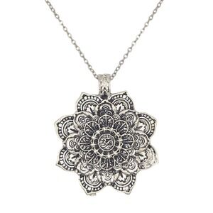 Silver Tone Mandala Om Symbol Pendant Necklace Bohemian Double Sided